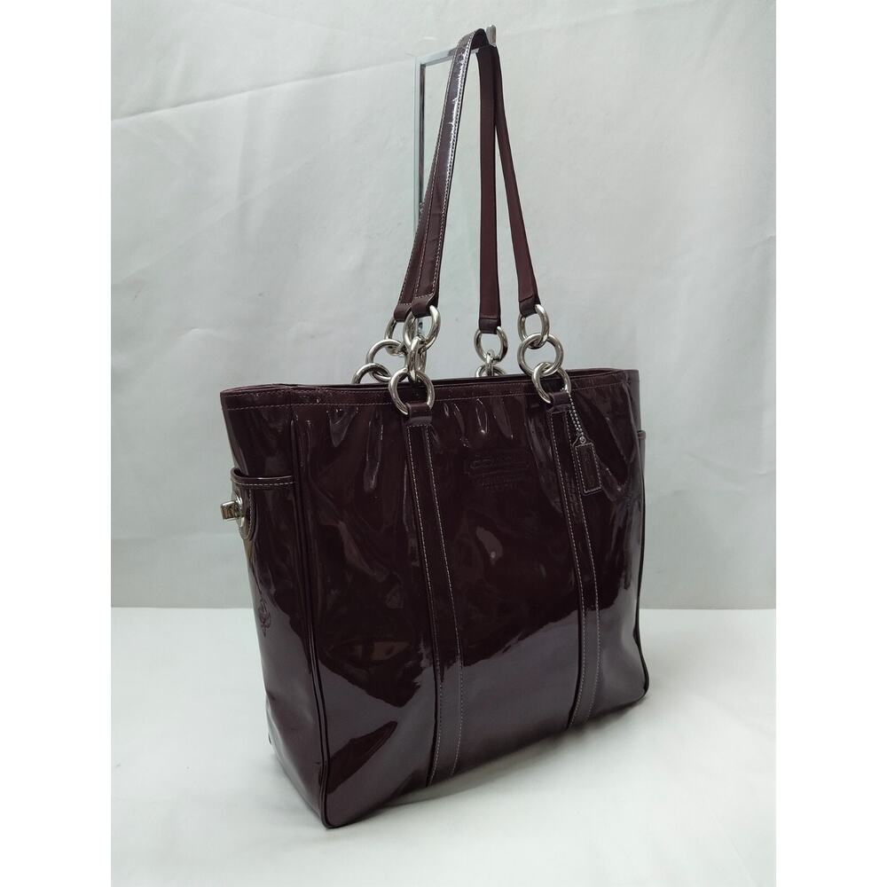 Coach Galaxy Purple Plum Patent Leather Tunrlock Pocket Double Handle Tote Bag - Picture 16 of 16